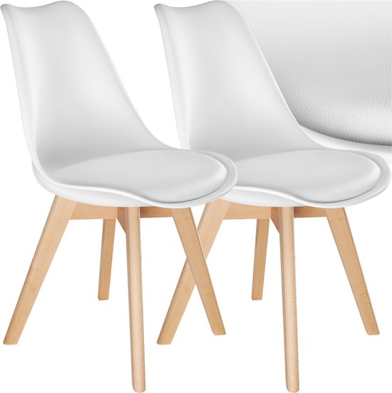 tectake® Eetkamerstoel Frederikke - Set van 2 Eetkamerstoelen met Gevoerde Stoffen Zitting - Massief Houten Poten - Ergonomische Stoelen geschikt voor Woonkamer, Eetkamer, Slaapkamer en Keuken - Draagkracht 120kg - Wit
