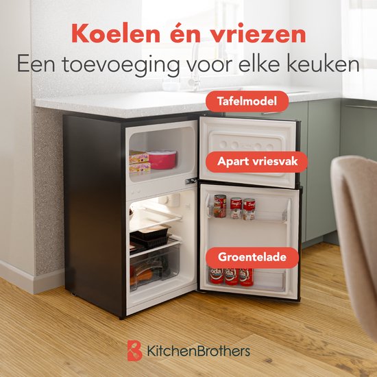 KitchenBrothers Koelkast - 61L Koelvak - 24L Vriesvak - IJskast - Koelvriescombinatie - Frigo - Vrijstaand - Zwart