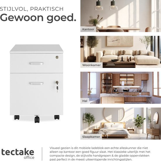 tectake® Ladenkastje - Met 2 afsluitbare lades, vergrendelbare wielen - Rolkast - Organizer - Perfect voor een georganiseerde werkplek - Kantoor, studeerkamer , thuiswerkplek - Wit