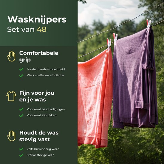 Gandria Wasknijpers 48 Stuks - Kunststof Wasknijpers - Set van 48 Plastic Knijpers - Wasrek Knijpers 10 Kg - 4 Kleuren