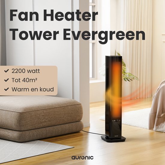 Auronic Elektrische Kachel - Keramische Kachel - Toren Kachel - 2200W Heater - Zwart