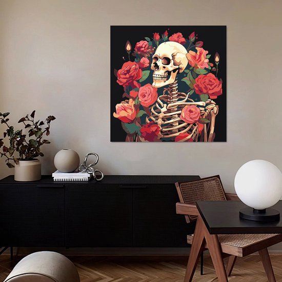 Rubye® Schilderen op Nummer Volwassenen - Schilderen op Nummer Kinderen - Skelet & Rozen – Inclusief Verf en Penselen – Canvas Schildersdoek - Kleuren op Nummer - 30x30cm
