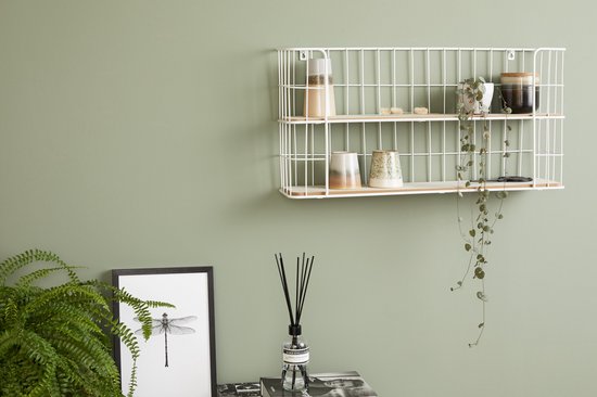 Lifa Living - Wandrek Malaga - Industrieel Bakkersrek - Rechthoekig Kruidenrek - Wit - Metaal & MDF Hout - Muurrek voor Woonkamer, Slaapkamer en Kantoor - 66,5 x 14,3 x 33,6 cm