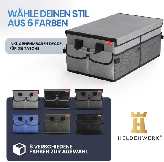 HELDENWERK Premium kofferbak organizer met deksel, stevig & antislip - Opvouwbare kofferbaktas, groot met dubbele bodem - Kofferbakbox, kofferbak organizer box