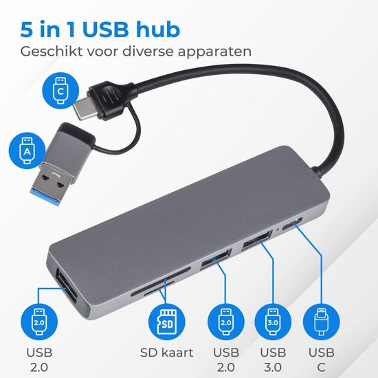 Nuvance - USB C Hub 3.0 - 5 Poorten - USB Splitter - USB C Dock - Micro SD Cardlezer USB C - Grijs