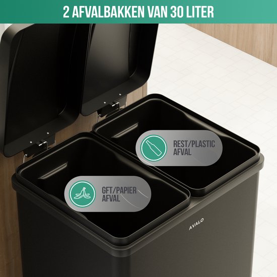 Avalo - Prullenbak Afvalscheiding - 60 Liter - RVS - Zwart - 2 Vakken - 47x38x71 cm