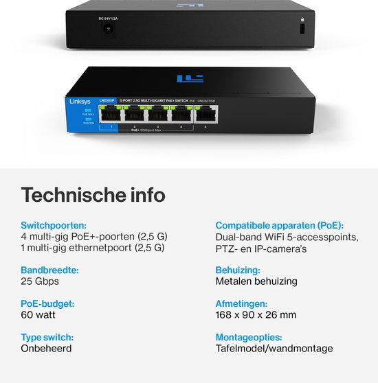 Linksys LN2305P 5-Poorts 2.5 Gb Unmanaged PoE+ Switch - Zwart - Compact