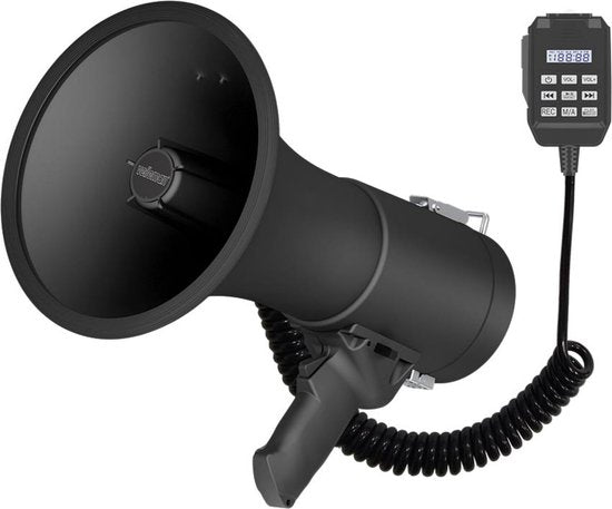 Velleman Krachtige 50 W megafoon met ingebouwde sirene, opname van 700 seconden, volumeregeling, Bluetooth, handmicrofoon en usb-aansluiting, bereik: max. 1200 m, mat zwart