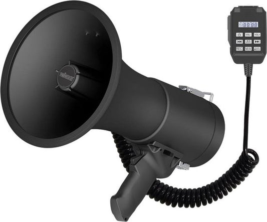 Velleman Krachtige 50 W megafoon met ingebouwde sirene, opname van 700 seconden, volumeregeling, Bluetooth, handmicrofoon en usb-aansluiting, bereik: max. 1200 m, mat zwart