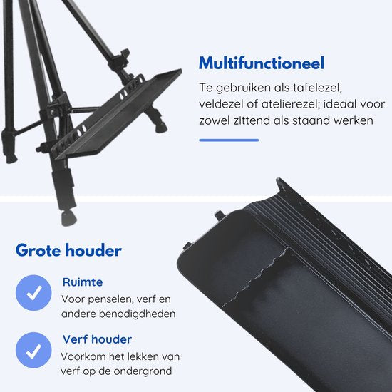 Hilvard - Schildersezel voor Volwassenen - Tafelezel - Veldezel - Verstelbaar - Quick Grip & Release Beugel - Zwart - Geschikt voor Schildersdoeken - Atelierezel - Incl. Opbergtas - 54 cm tot 156 cm