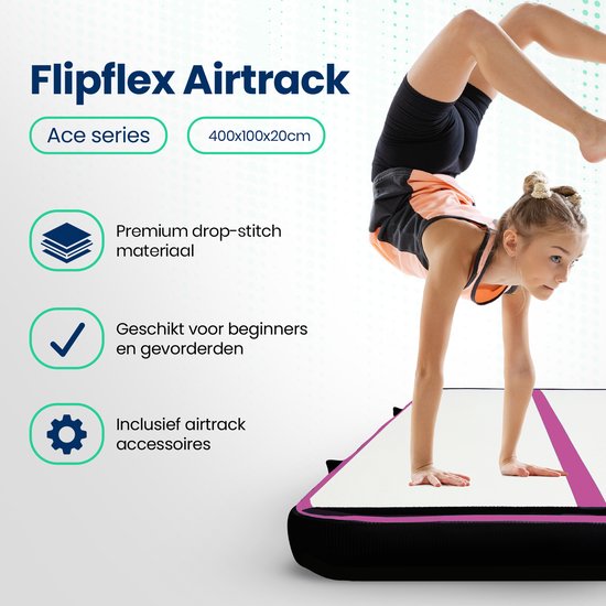 Flipflex Airtrack - Turnmat - 4 Meter - 20cm Dik - Gymnastiekmat - Inclusief 600W Miniblower - Met Luxe Draagtas - Turnen