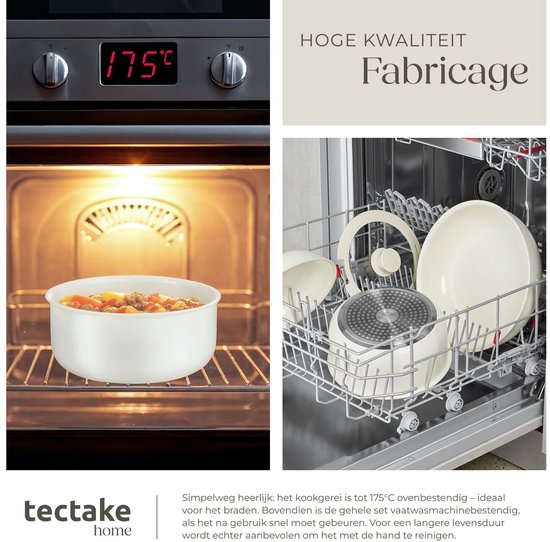 tectake® 16-delige Moderne Pannenset - 3 Koekenpannen - 2 Kookpannen - Geschikt voor Inductie - Inclusief Deksels, Afneembare Handgrepen en Beschermers - Pannen van Aluminium met Keramische Antiaanbaklaag - Ovenbestendig tot 175° - Wit