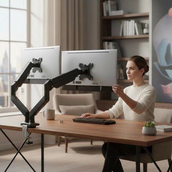 Skoov Monitorarm met gasveer - Voor 13-32 Inch - 2 schermen - Beugel - Monitor - Standaard - Houder - Steun - Extra stabiel - Zwart