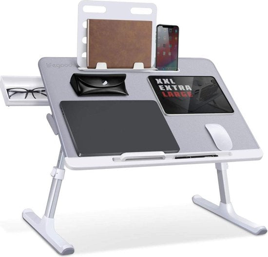 LifeGoods Laptoptafel - Laptopstandaard - Inklapbaar en Verstelbaar - Schoottafel met Tablethouder en Boekenstandaard - Bank, Bed, Schoot, Tafel - Wit / Grijs