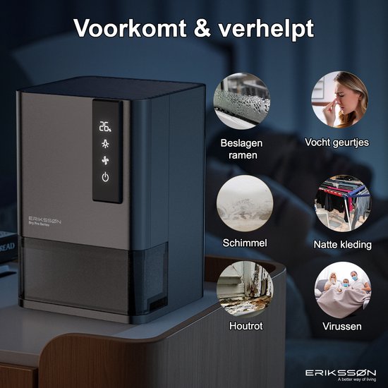 Erikssøn Luchtontvochtiger Dry Pro Series – Ontvochtigt Tot 1,2L/Dag – Zwart – 360° Circulatie & Hygrometer