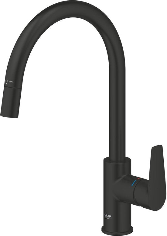 GROHE Start Edge eengreeps keukenmengkraan met uittrekbare uitloop - Hoge C-uitloop - 360° Draaibereik - Mat Zwart - Eenvoudig te monteren met de QuickMount