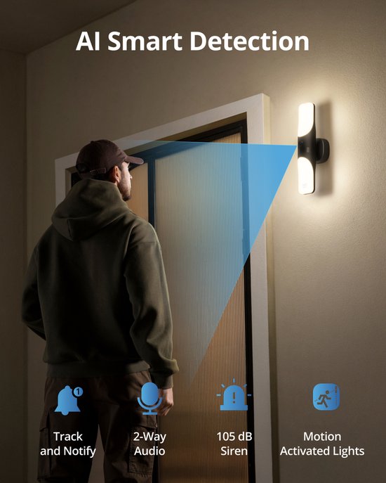 eufy Security S100 Wandlicht met Camera - Wall Light Cam - 2K-resolutie - 1.200 lumen verlichting - Kleurennachtzicht - AI slimme detectie - IP65 waterdicht - Geen maandelijkse kosten - Bedraad