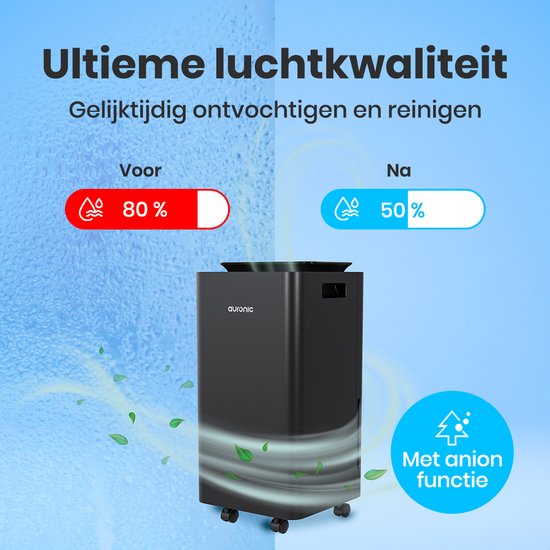 Auronic Luchtontvochtiger en Luchtreiniger - Pro Series - 12L per dag - Was-droog functie - Slaapkamer, Badkamer en Woonkamer - Vochtvreter voor in Huis - Zwart