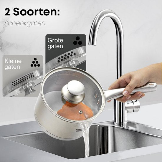 Savoré Kitchen 8-delige RVS Pannenset - Kookpannen met Glazen Deksel - Inductie Pannen - Afgietrand, Maatverdeling en Schenktuit