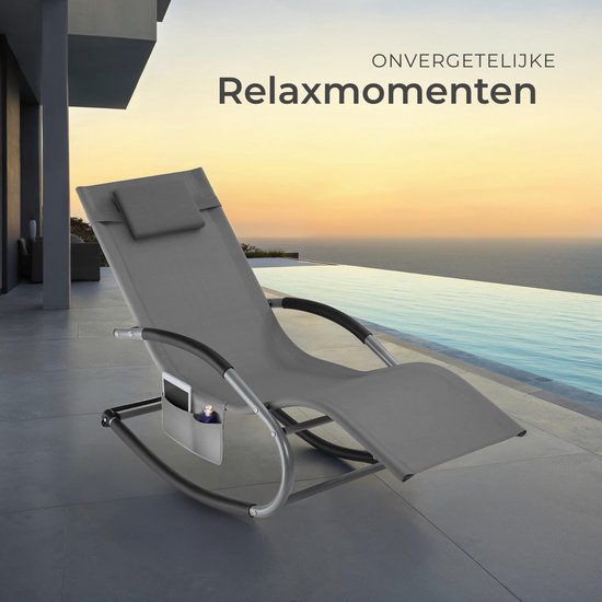 tectake® Ligstoel Taya - Ergonomisch Ligbed voor Tuin, Terras, Balkon - Relaxstoel met Schommelfunctie - Tuinstoel met Comfortabele Armleuningen, Hoofdsteun en Opbergvak - Weerbestendig en Waterafstotend - 120kg Draagkracht - Grijs