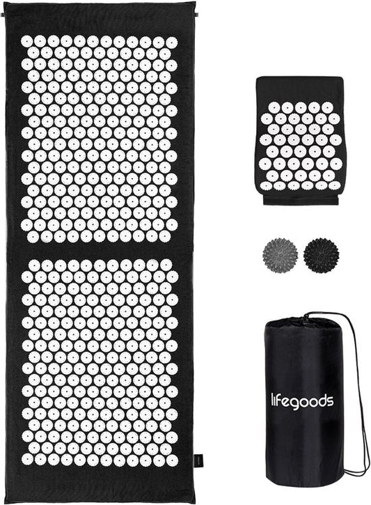 LifeGoods Acupressuur Mat XL - met Kussen - Shakti mat - Spijkermat Incl. 2x Triggerpoint Bal - 128x48x2cm - Zwart/Wit