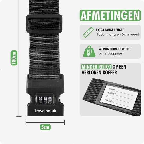 Travelhawk Kofferriem met Cijferslot - 2 Stuks - Bagageriem - Kofferriemen - Verstelbaar - 180 Centimeter - Extra Beveiliging - Reizen - Blauw