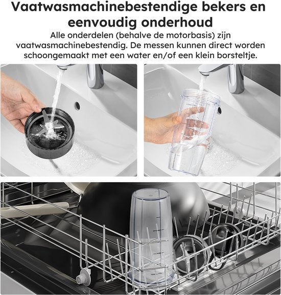 Blender To Go - 6-Delige Set - Smoothie Maker - Blender - 2x 800ml Drinkbekers - 1200W - Vaatwasserbestendig - BPA-vrij - Draagbare Blender - Zilver - van Saaf