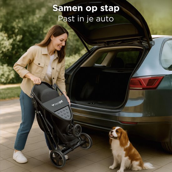 TrevoPet® Inklapbare Hondenbuggy - Voor Kleine en Middelgrote Honden tot 15 kg - Waterafstotend met Bekerhouder, Opbergmand - Zwart