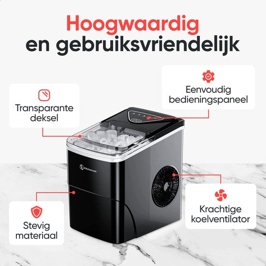 Kitchenwell IJsblokjesmachine – 2L - IJsblokjesmaker met IJsschep – 12kg/24 uur – Zelfreinigingsfunctie - Zwart