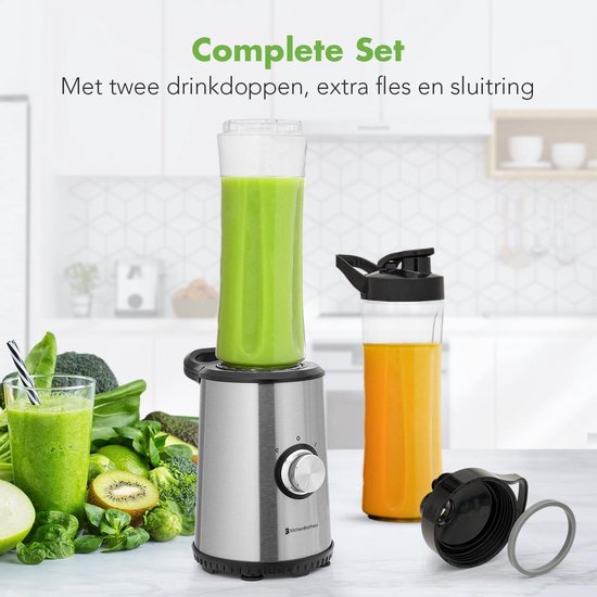 KitchenBrothers Mini Blender - Blender to Go - Smoothie Maker - 2 To-Go Bekers 600 ml - RVS