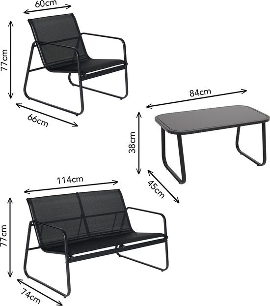 Infinity Goods Tuinset – Incl. Bank, 2 Stoelen & Glazen Tafel – Zwart/Antraciet