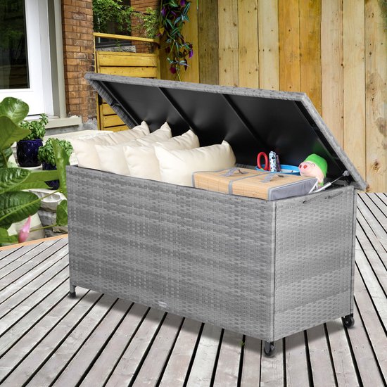 Casaria Opbergkist – 420L – 122x56x61 cm – Waterdicht & Weerbestendig – Met Wielen en Gasdrukveren – Polyrattan – Grijs