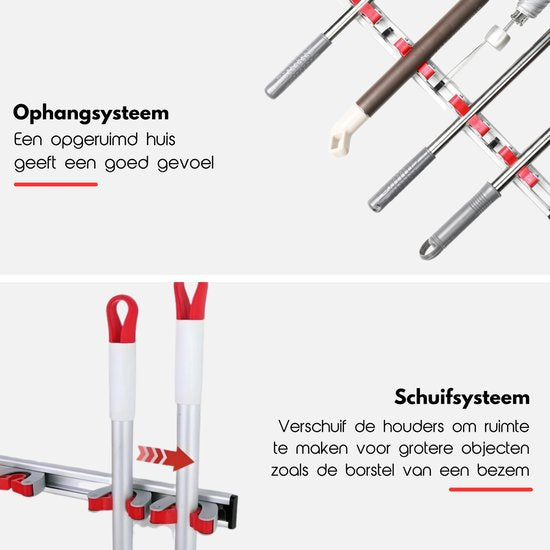 Hilvard – Bezemhouder ophangsysteem – bezemhouder - bezem ophangsysteem – 4 houders - Waterbestendig - Bezemklem