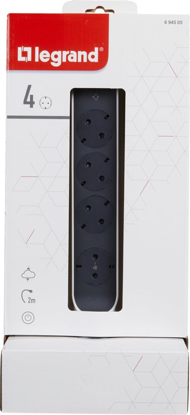 Legrand Vloer Contactdoos - Stekkerdoos - Verdeelstekker 4X2P - Randaarde Nederland - Verlengsnoer 2 Meter - Zwart & Wit