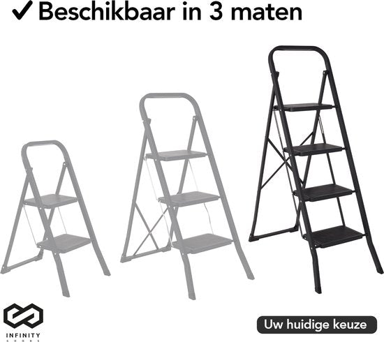 Infinity Goods Stevige Huishoudtrap 4 Treden - Keukentrap Inklapbaar - Anti-Slip - Trap Ladder - Opvouwbaar - Metaal - Zwart