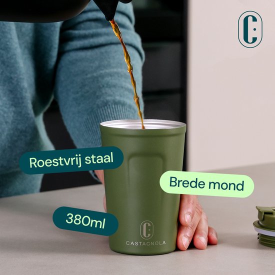 Castagnola Thermosbeker - Koffiebeker To Go - Reismok voor Koffie en Thee - Theebeker - 380 ML - RVS - Groen