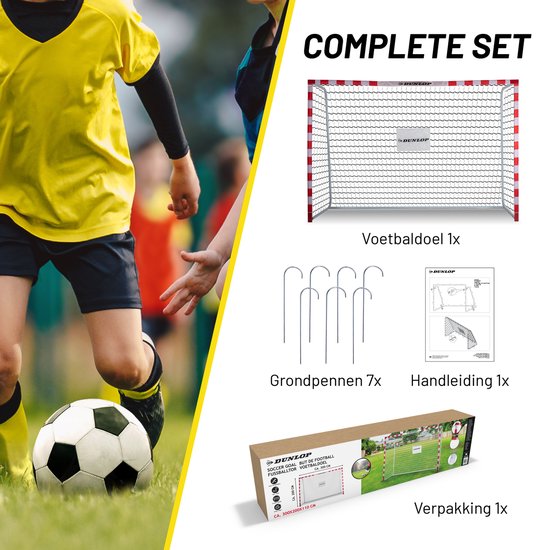Dunlop Voetbaldoel - Inclusief 7 Grondhaken - Metaal - 300 x 200 x 110 cm - Wit/ Rood