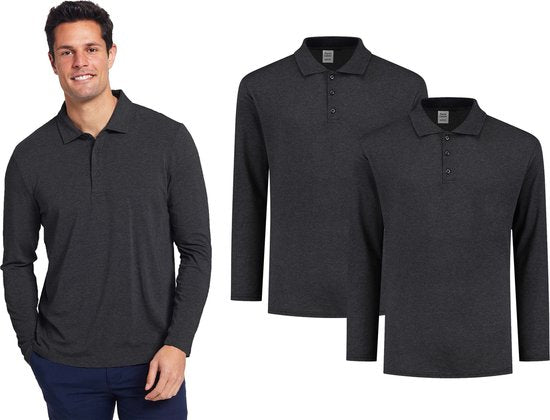 Pierre Calvini - Polo Shirt Heren - Poloshirts Heren Lange Mouw - Longsleeve Heren - 2 Pack - Antraciet - XXL - Polo Heren - T Shirt Lange Mouwen Heren