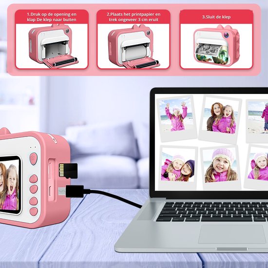 K&L® 3 IN 1 Digitale Kindercamera + Instant print + speelcamera - 32GB micro sd kaart - camera kinderen - Vlogcamera met games - Fototoestel voor Kinderen - Klein Formaat Speelgoed - Met videofunctie - Roze
