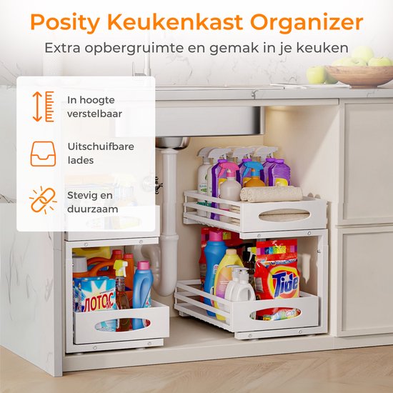 Posity Keukenkast Organizer - Gootsteenkast Organizer - Aanrecht Organizer - Opbergrek - Badkamer Organizer - Keukrenrek - Uitschuifbaar - Metaal - Wit