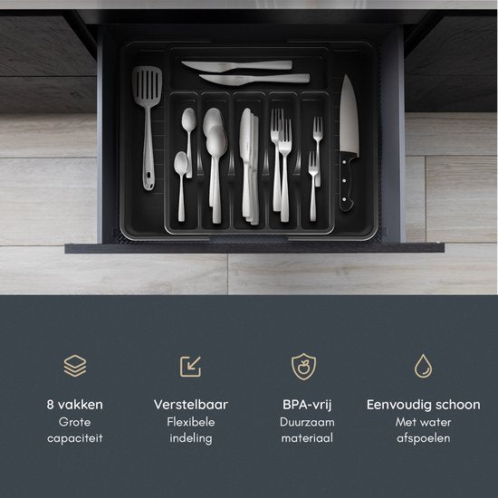 Deleca Uitschuifbaar Bestekbak met 8 Vakken - Besteklade Organizer - Keukenlade Bestek Organiser - Bestekhouder Keuken - 57 x 38 cm - Kunststof / Zwart
