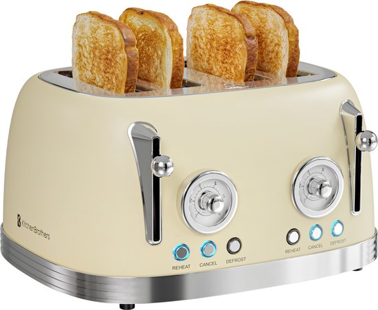 KitchenBrothers Retro Broodrooster - Toaster - 6 Warmteniveaus - 4 Extra Brede Sleuven - 815W - Beige