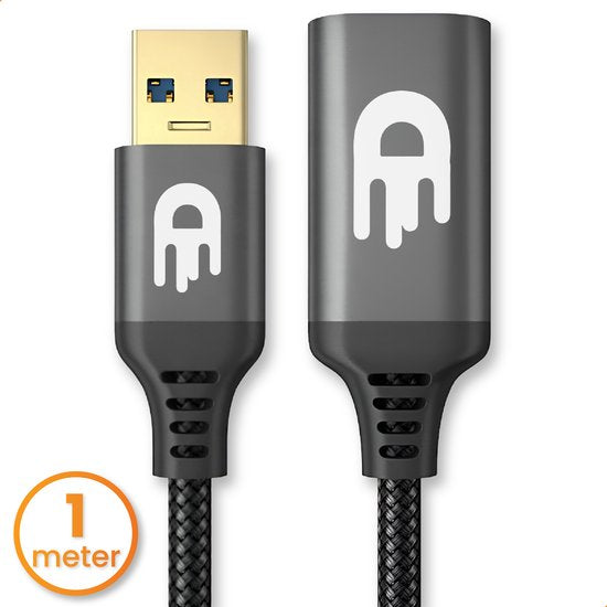 Drivv. Premium USB Verlengkabel 3.0 - Mannelijk naar Vrouwelijk - USB Datakabel - Snelle Overdracht - 5Gbps - Nylon - 1 Meter - Zwart