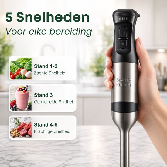 Savoré Kitchen Staafmixer Pro+ 1500W – Mixer Set met Hakmolen 600ml, Garde, Melkopschuimer en Maatbeker – 5 Snelheden – 6 Messen – RVS