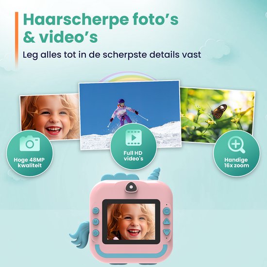 ODESSEY Kindercamera met Printer - Full HD - Selfie Camera - 32GB SD Kaart - Foto - Video - Spelletjes - Digitale Camera Kinderen - Fototoestel voor kinderen - Eenhoorn