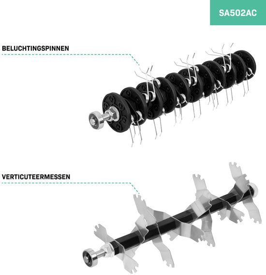 VONROC Elektrische verticuteermachine - gazonbeluchter – 1500W - maaibreedte 36 cm – 5 standen: 4 dieptestanden (12/9/6/3 mm) + 1 transportstand (+10 mm) – incl. 45L. opvangbak