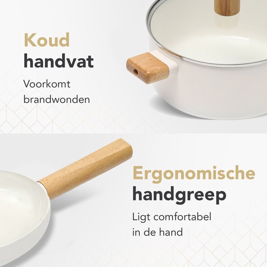 Rochester 18-delige Pannenset met Deksels - Set met PFAS-vrije Kookpotten, Koekenpannen & Steelpannen - Koekenpannenset - Kookpottenset - Inductie - Aluminium - Beige