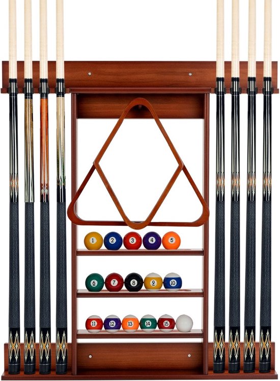 Coast Billiard Pool-Queue-rack muur gemonteerde biljart voor 8 wachtrijen 15 biljartballen Brown