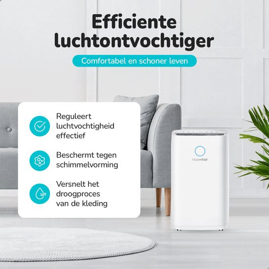 Bloomfold Luchtontvochtiger - 25L per Dag - Incl. Was-droog Functie - Geschikt voor Woonkamer, Slaapkamer, Kelder & Badkamer - Dehumidifier - Wit