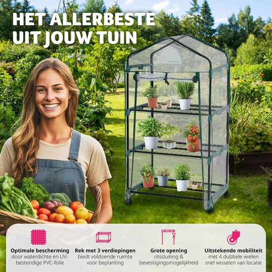 tectake® - Broeikas Hobbykas voor binnen of balkon - Met wieltjes - met 3 planken - 69x49x125 cm - 401862